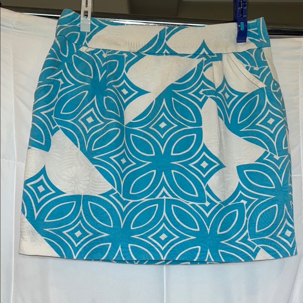 Trina Turk Cotton Mini Skirt Size 2 Turquoise Geometric Print Pockets - Picture 1 of 13